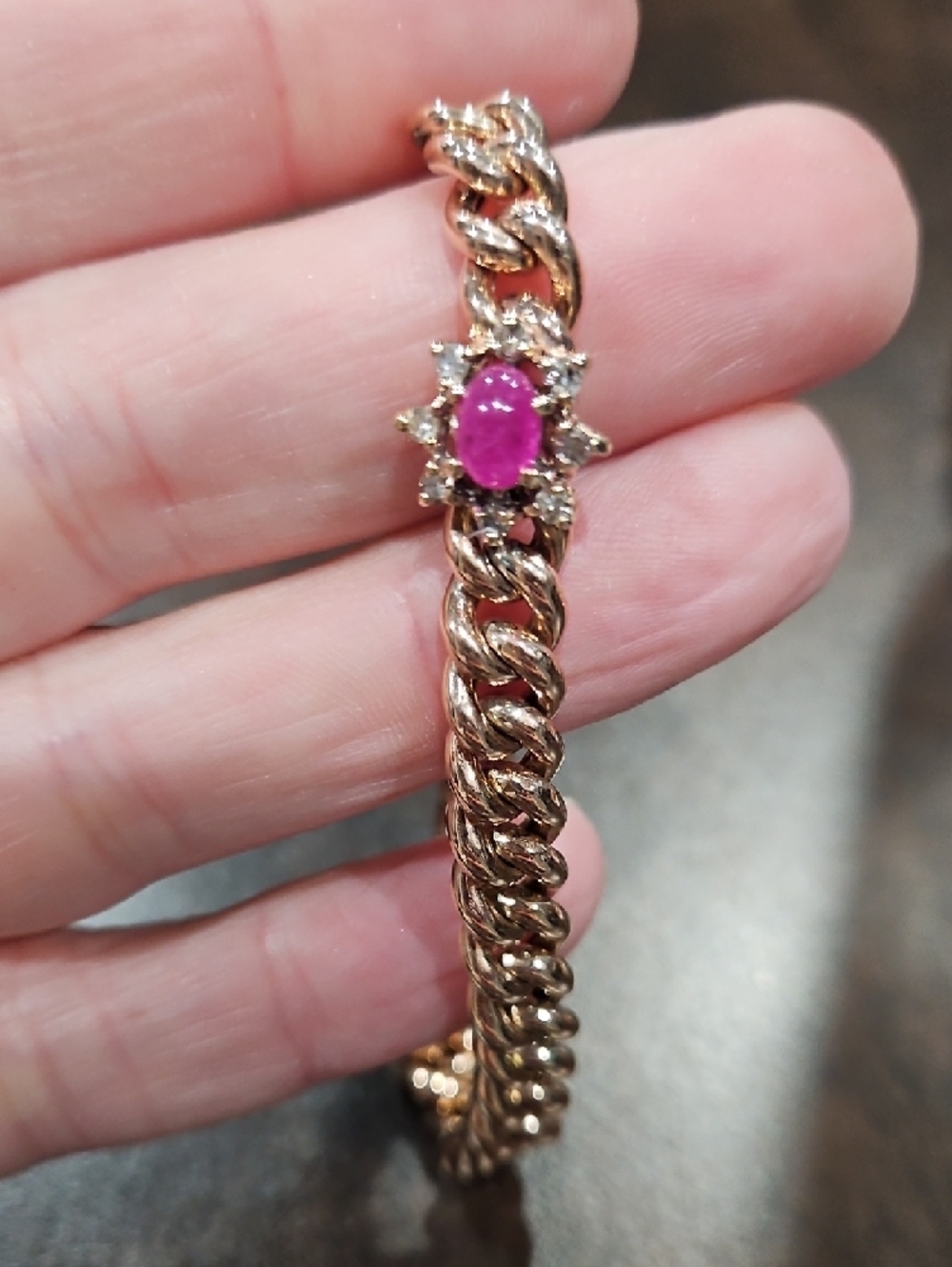 14k Gold Chain Bracelet with Pink Gem Accent - Picture 2 of 3